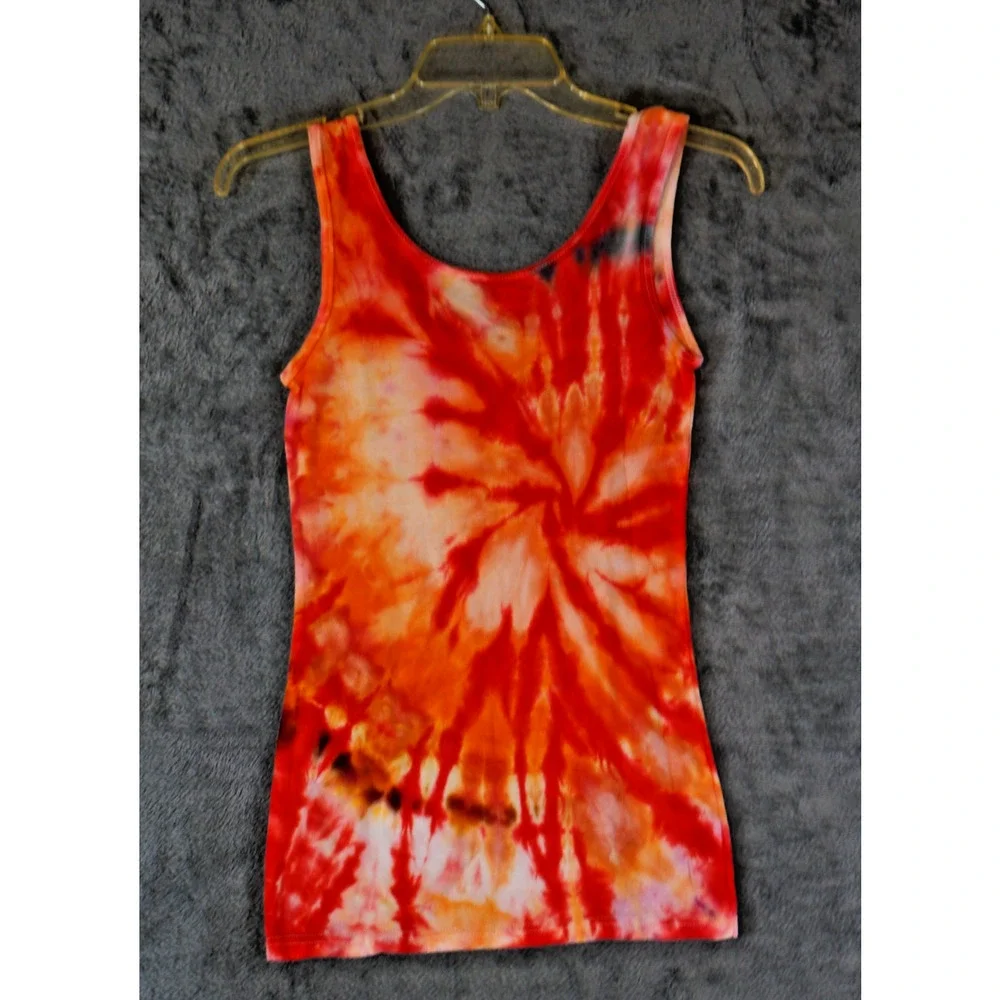 Mossy Oak Tank Top Small Spiral Tie‑Dye Red Orange Artisan Hand Dyed Cotton - Picture 2 of 7